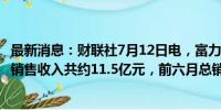 最新消息：财联社7月12日电，富力地产公告称，6月月内总销售收入共约11.5亿元，前六月总销售收入约56亿元。