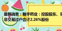 最新消息：翰宇药业：控股股东、实控人拟向深圳担保集团非交易过户合计2.26%股份