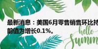 最新消息：美国6月零售销售环比持平，预估为下降0.3%，前值为增长0.1%。