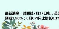 最新消息：财联社7月17日电，英国6月CPI同比增长2%，预期1.90%；6月CPI环比增长0.1%，预期0.10%。