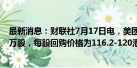 最新消息：财联社7月17日电，美团于7月17日回购421.23万股，每股回购价格为116.2-120港元，共耗资约5亿港元。