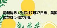 最新消息：财联社7月17日电，美国至7月12日当周EIA原油库存减少487万桶。