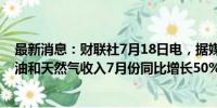 最新消息：财联社7月18日电，据媒体计算显示，俄罗斯石油和天然气收入7月份同比增长50%至140亿美元。