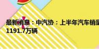 最新消息：中汽协：上半年汽车销量排名前十，企业共销售1191.7万辆