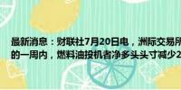 最新消息：财联社7月20日电，洲际交易所数据显示，在截至7月16日的一周内，燃料油投机者净多头头寸减少29,736手，降至53,062手。