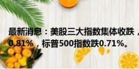 最新消息：美股三大指数集体收跌，道指跌0.93%，纳指跌0.81%，标普500指数跌0.71%。