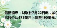 最新消息：财联社7月22日电，华尔街投行CFRA将微软目标股价从475美元上调至490美元。