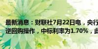 最新消息：财联社7月22日电，央行今日进行582亿元7天期逆回购操作，中标利率为1.70%，此前为1.80%。