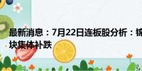 最新消息：7月22日连板股分析：锦江在线10天7板 红利板块集体补跌