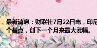 最新消息：财联社7月22日电，印尼5年期国债收益率上升5个基点，创下一个月来最大涨幅。