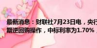 最新消息：财联社7月23日电，央行今日进行2673亿元7天期逆回购操作，中标利率为1.70%，与此前持平。