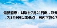 最新消息：财联社7月24日电，欧元兑日元一度跌至167.32，为5月9日以来低点，日内下跌0.75%。