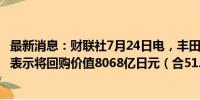 最新消息：财联社7月24日电，丰田汽车上涨2%，公司周二表示将回购价值8068亿日元（合51.4亿美元）的股票。