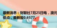 最新消息：财联社7月25日电，澳元兑美元跌至5月份以来的低点，最新报0.6577。