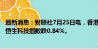 最新消息：财联社7月25日电，香港恒生指数开盘跌0.29%。恒生科技指数跌0.84%。