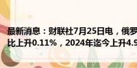 最新消息：财联社7月25日电，俄罗斯7月22日当周CPI周环比上升0.11%，2024年迄今上升4.91%。