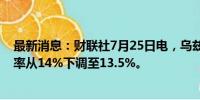 最新消息：财联社7月25日电，乌兹别克斯坦央行将基准利率从14%下调至13.5%。