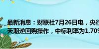 最新消息：财联社7月26日电，央行今日进行3580.5亿元7天期逆回购操作，中标利率为1.70%，与此前持平。