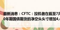 最新消息：CFTC：投机者在截至7月23日的一周内 将美国10年期国债期货的净空头头寸增加4,443手