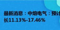 最新消息：中熔电气：预计上半年净利同比增长11.13%-17.46%