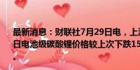 最新消息：财联社7月29日电，上海钢联发布数据显示，今日电池级碳酸锂价格较上次下跌1500元，均价报8.3万元/吨。