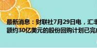 最新消息：财联社7月29日电，汇丰控股在港交所公告，总额约30亿美元的股份回购计划已完成。