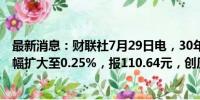 最新消息：财联社7月29日电，30年期国债期货主力合约涨幅扩大至0.25%，报110.64元，创历史新高。