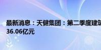 最新消息：天健集团：第二季度建筑业新签订单金额合计约36.06亿元