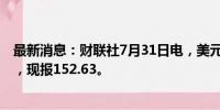 最新消息：财联社7月31日电，美元兑日元短线下挫近40点，现报152.63。