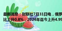 最新消息：财联社7月31日电，俄罗斯7月29日当周CPI周环比上升0.8%，2024年迄今上升4.99%。