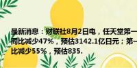 最新消息：财联社8月2日电，任天堂第一季度销售净额2466.4亿日元，同比减少47%，预估3142.1亿日元；第一季度净利润809.5亿日元，同比减少55%，预估835.