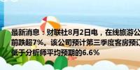 最新消息：财联社8月2日电，在线旅游公司Booking Holdings美股盘前跌超7%。该公司预计第三季度客房预订夜数将同比增长3%至5%，低于分析师平均预期的6.6%