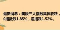 最新消息：美股三大指数集体收跌，纳指跌2.43%，标普500指数跌1.85%，道指跌1.52%。