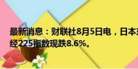 最新消息：财联社8月5日电，日本东证指数跌幅达9%，日经225指数现跌8.6%。