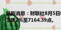 最新消息：财联社8月5日电，印尼主要股指下跌2%至7164.39点。