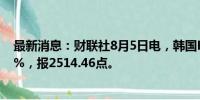 最新消息：财联社8月5日电，韩国KOSPI指数跌幅扩大至6%，报2514.46点。