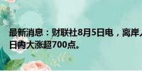 最新消息：财联社8月5日电，离岸人民币兑美元升穿7.09，日内大涨超700点。