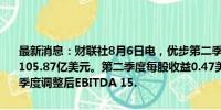 最新消息：财联社8月6日电，优步第二季度营收107亿美元，市场预估105.87亿美元。第二季度每股收益0.47美元，上年同期0.18美元。二季度调整后EBITDA 15.