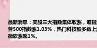 最新消息：美股三大指数集体收涨，道指涨0.76%，纳指涨1.03%，标普500指数涨1.03%，热门科技股多数上涨，英伟达、Meta涨超3%，微软涨超1%。