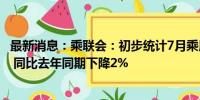 最新消息：乘联会：初步统计7月乘用车市场零售172.9万辆 同比去年同期下降2%