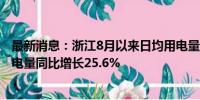 最新消息：浙江8月以来日均用电量超24亿千瓦时 全社会用电量同比增长25.6%