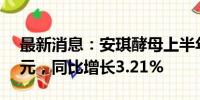 最新消息：安琪酵母上半年净利润约6.91亿元，同比增长3.21%