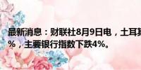 最新消息：财联社8月9日电，土耳其BIST-100指数下跌1.6%，主要银行指数下跌4%。