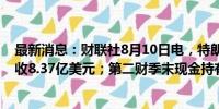 最新消息：财联社8月10日电，特朗普媒体科技第二财季营收8.37亿美元；第二财季末现金持有为3.44亿美元。