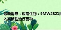 最新消息：迈威生物：9MW2821用于尿路上皮癌适应症纳入突破性治疗品种