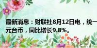 最新消息：财联社8月12日电，统一企业7月销售额594.5亿元台币，同比增长9.8％。