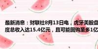 最新消息：财联社8月13日电，虎牙美股盘前一度涨超10%，公司二季度总收入达15.4亿元，且可能回购至多1亿美元的ADS或普通股。