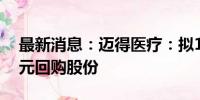 最新消息：迈得医疗：拟1500万元-3000万元回购股份