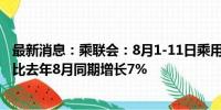 最新消息：乘联会：8月1-11日乘用车市场零售52.1万辆 同比去年8月同期增长7%