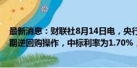 最新消息：财联社8月14日电，央行今日进行3692亿元7天期逆回购操作，中标利率为1.70%，与此前持平。